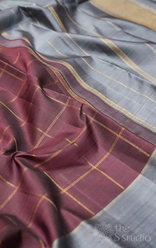 Brown zari checks kanchi silk saree with grey border