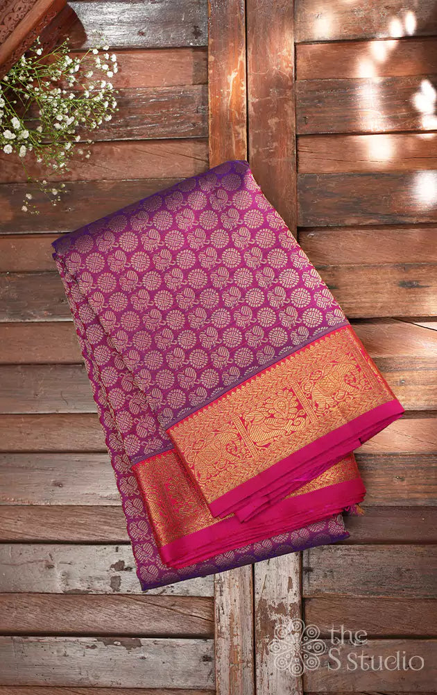 Purple thread work kanchipuram silk saree with rani pink border