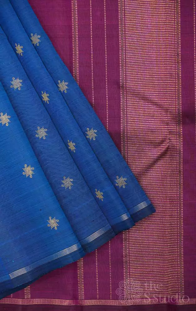 Peacock blue kanchi silk saree with purple pallu
