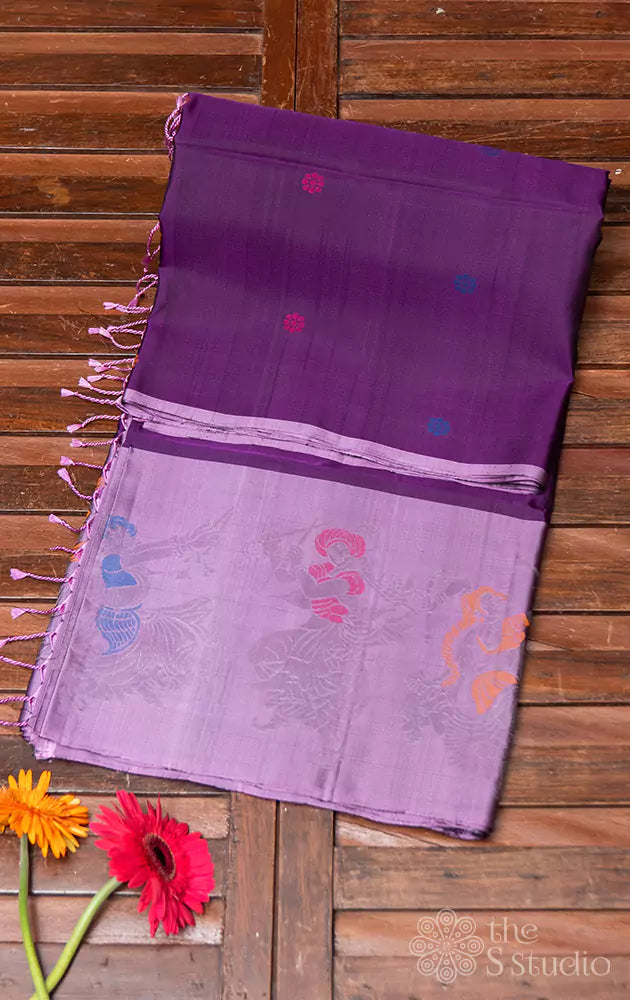 Deep purple soft silk saree with dancers motifs on border
