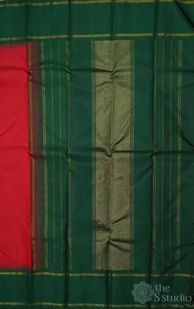 Red kanjivaram silk saree with korvai green border