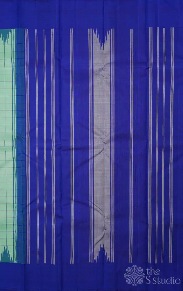 Sea green checked kanjivaram silk saree with korvai blue border