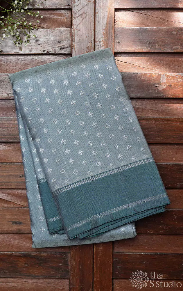 Grey kanchipuram silk saree  with silver zari
