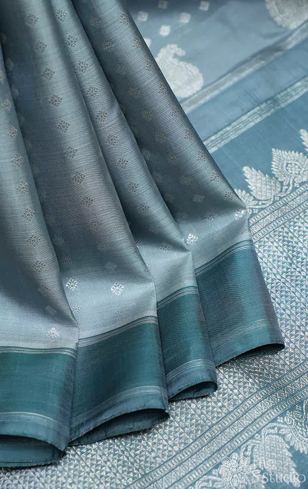 Grey kanchipuram silk saree  with silver zari
