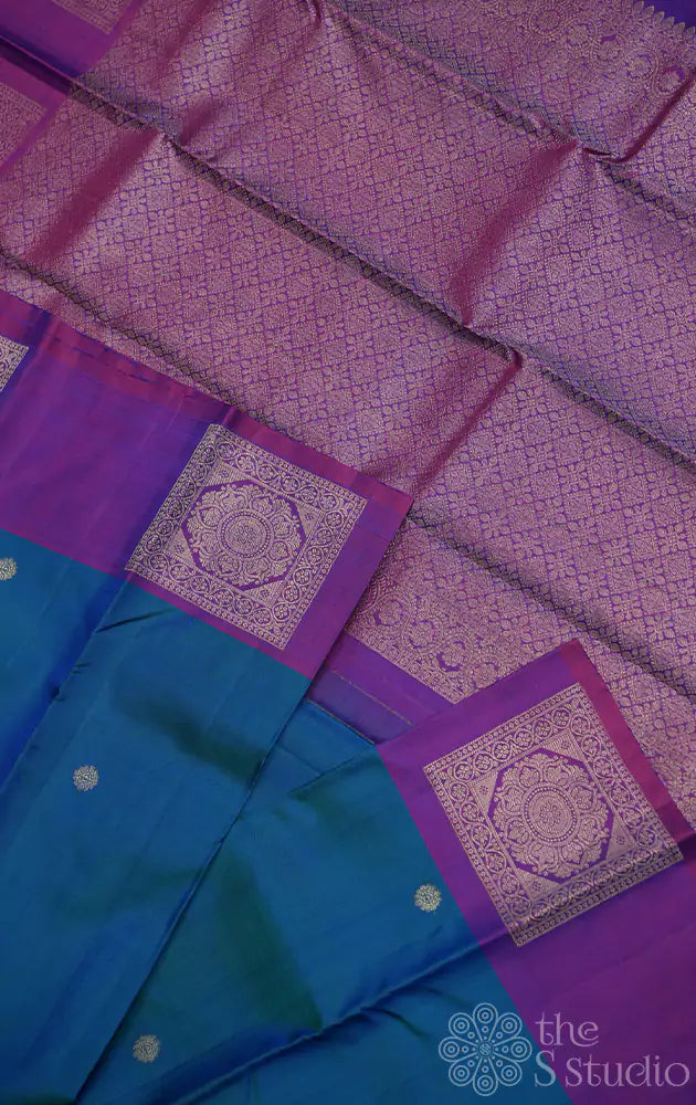 Sea blue kanchi silk saree with purple border woven with square buttas
