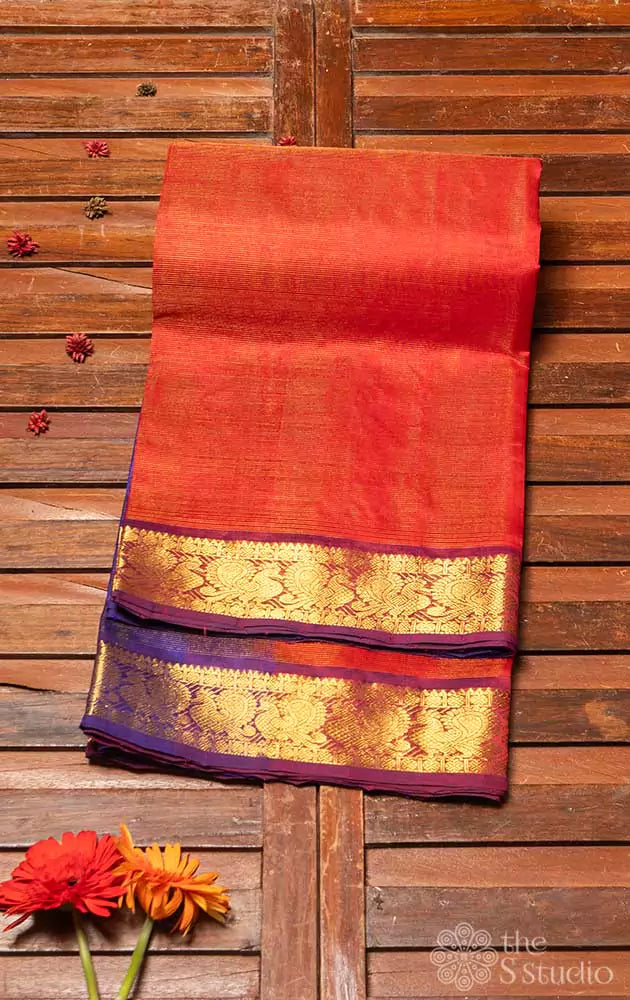 Rust vaira oosi silk cotton saree with blue pallu