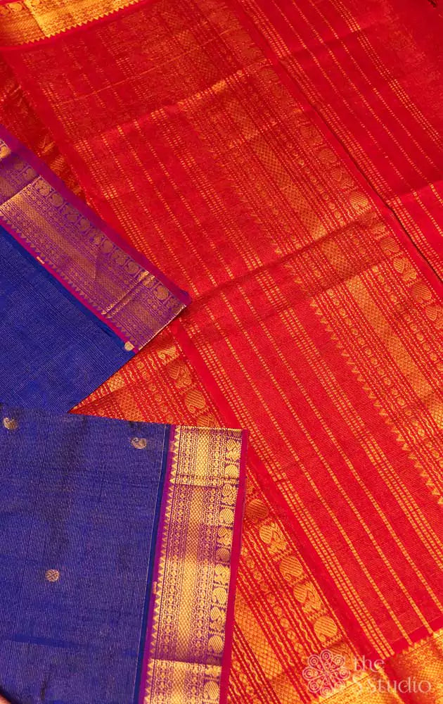 Royal blue vairaoosi silk cotton saree with red pallu