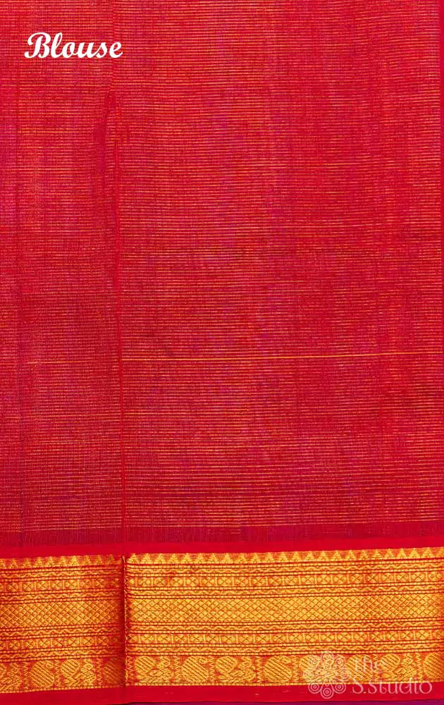 Royal blue vairaoosi silk cotton saree with red pallu