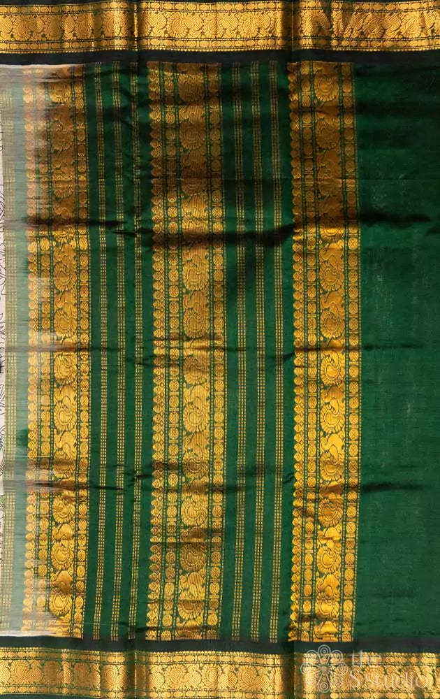 Off white silk cotton saree with block prints