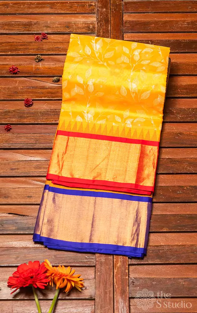 Mango yellow silk cotton saree with ganga jamuna border