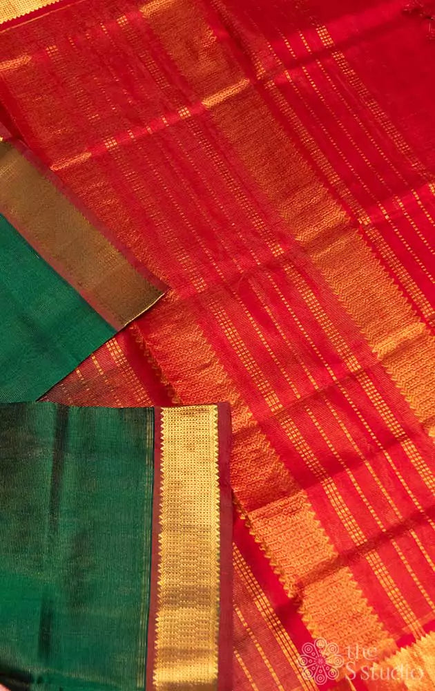 Leaf green vaira oosi silk cotton saree with red pallu
