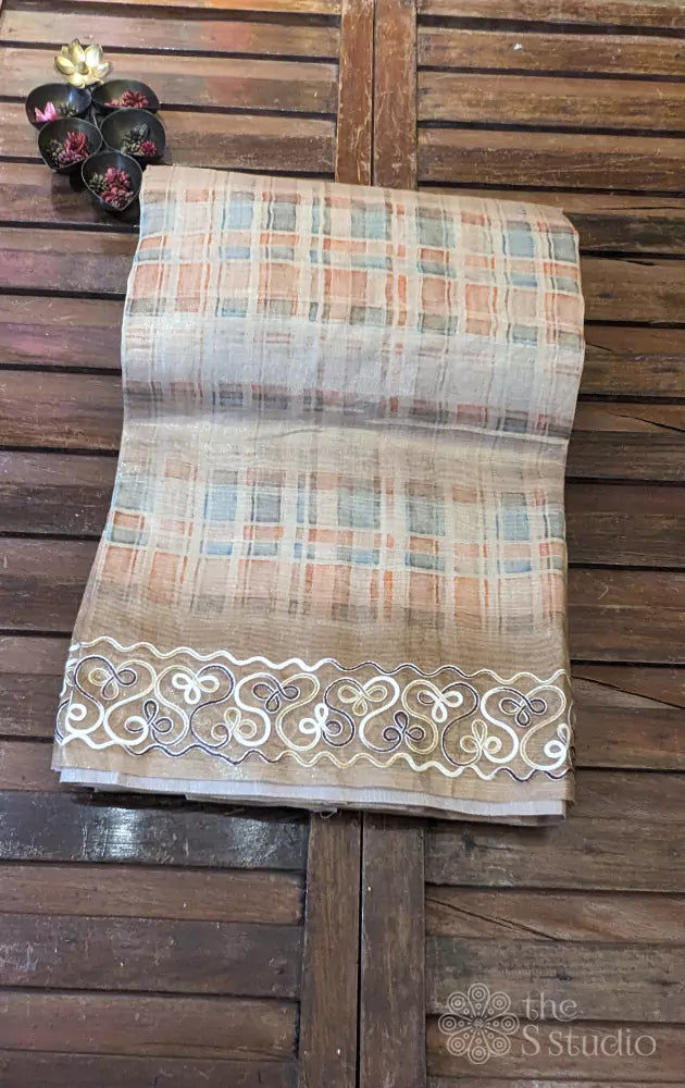 Brown tissue semi silk embroidered saree