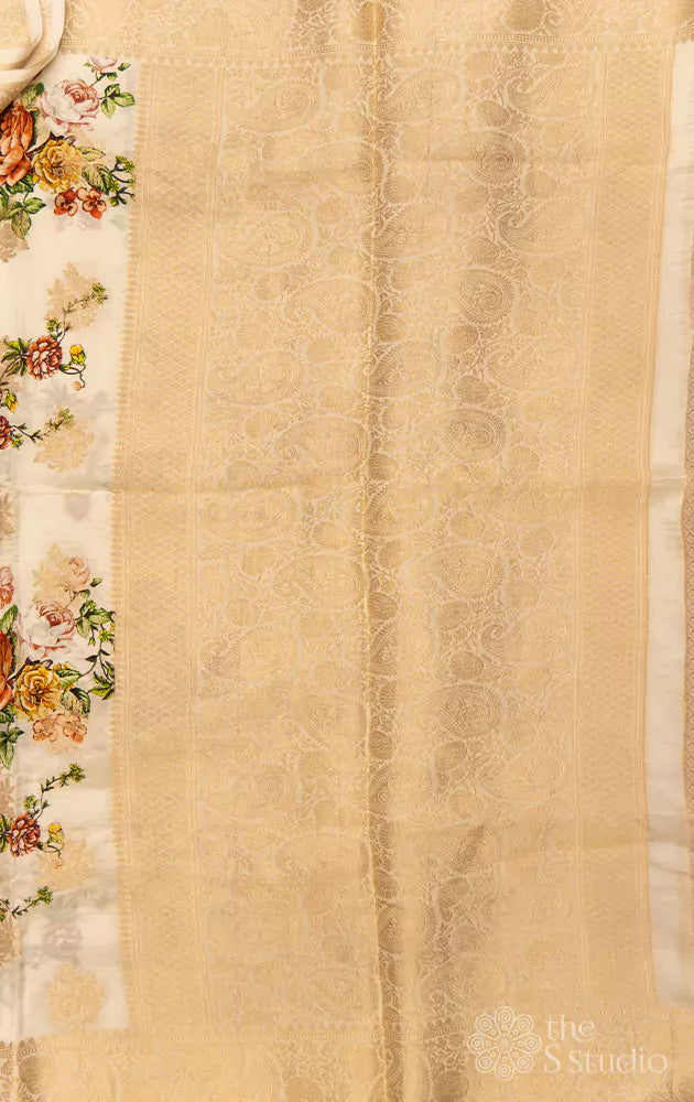 Offwhite semi banarasi saree with floral prints and antique zari