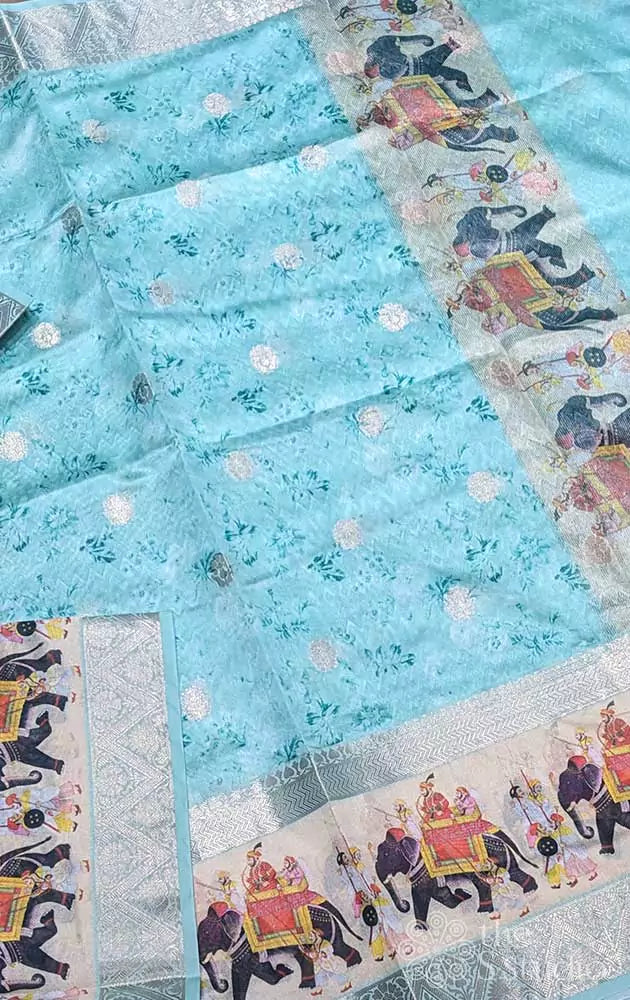 Light blue semi silk saree with floral prints