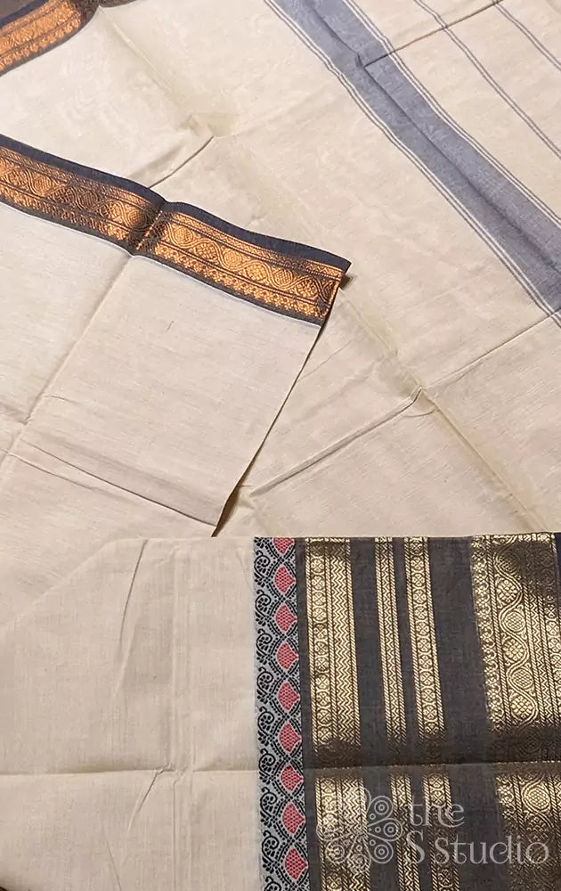 Off white kanchi cotton saree with grey border