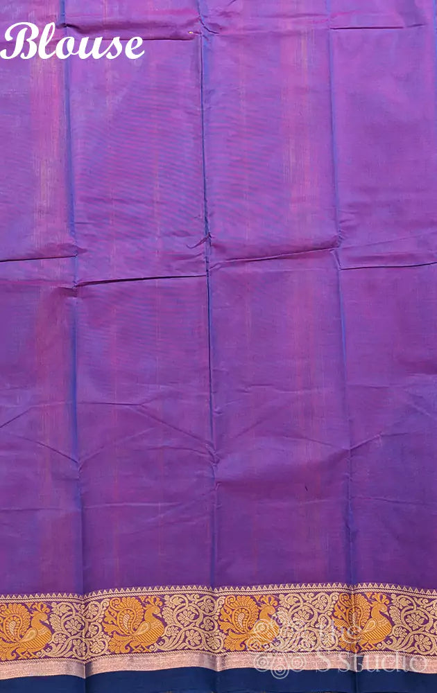 Purple kanchi cotton saree with peacock motifs border