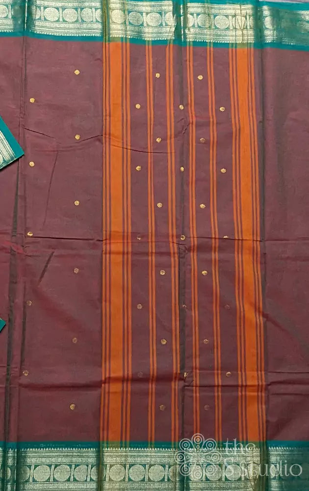 Brown kanchi cotton saree with green border