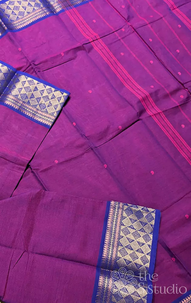 Purple kanchi cotton saree with navy blue border
