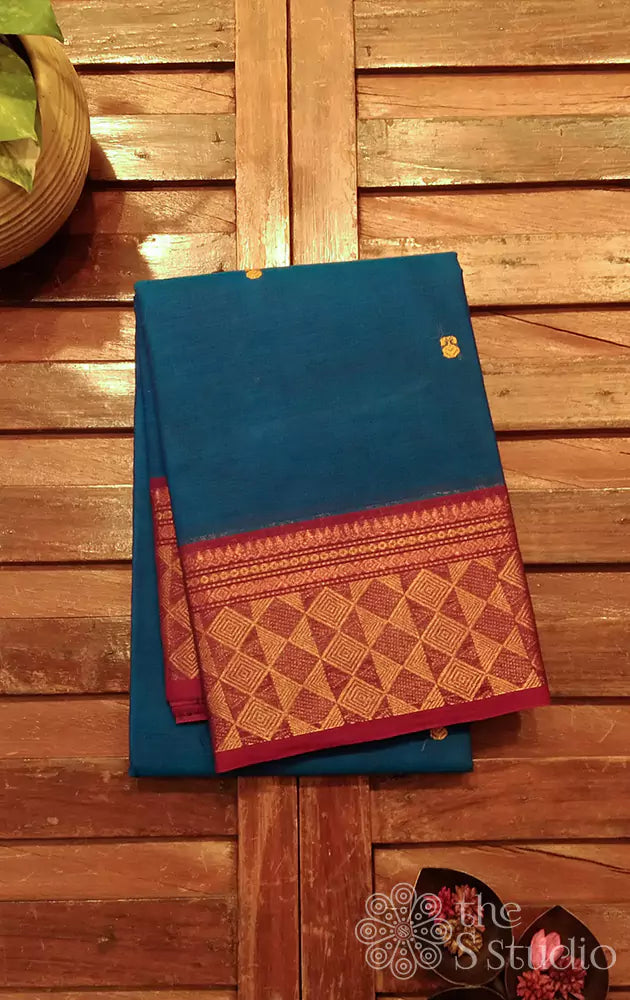 Blue kanchi cotton saree with  maroon border