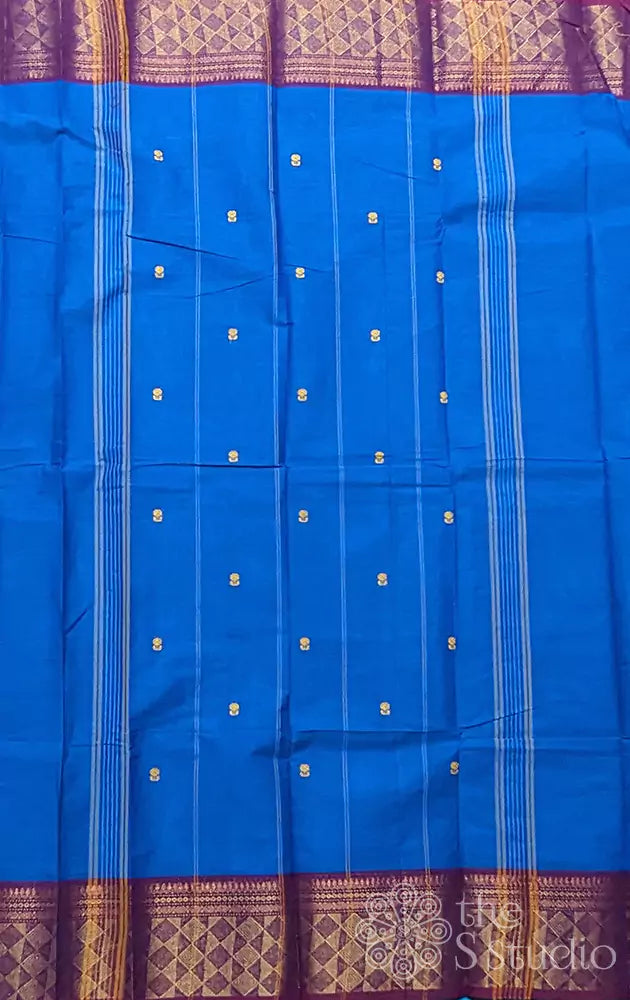 Blue kanchi cotton saree with  maroon border