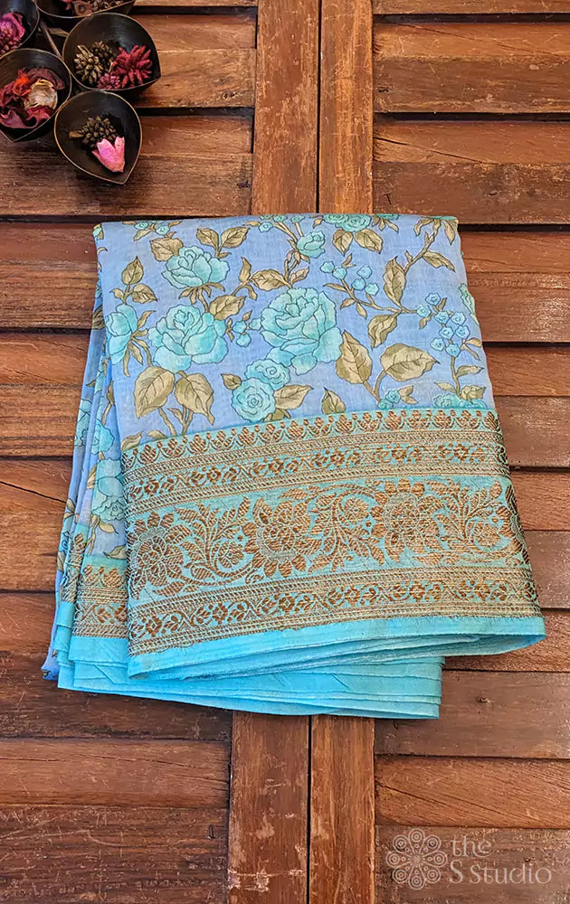 Powder blue chanderi cotton saree with antique border