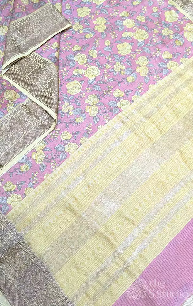 Pink chanderi cotton saree with floral prints