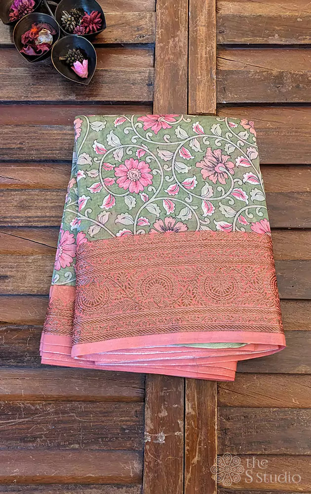 Green chanderi cotton saree with floral prints