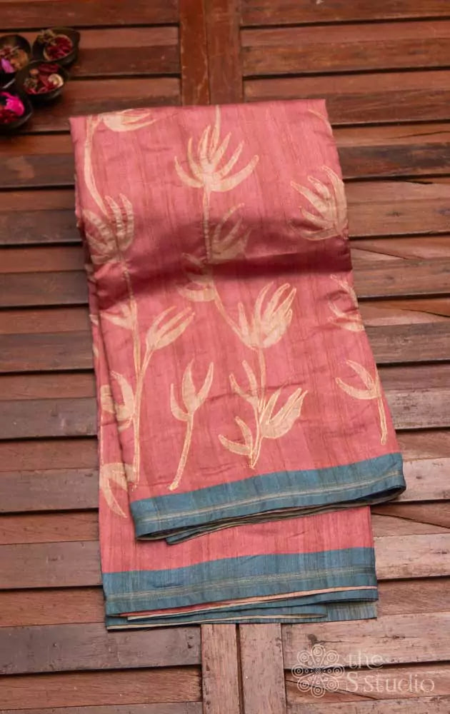 Onion pink semi tussar saree with embroidery