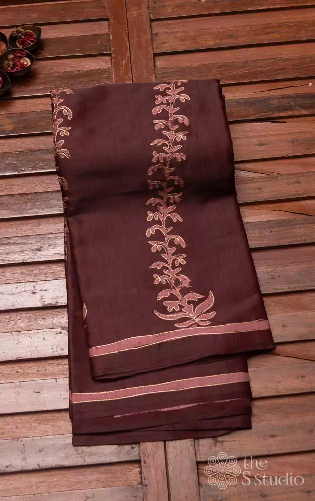Brown embroidered semi tussar saree with prints