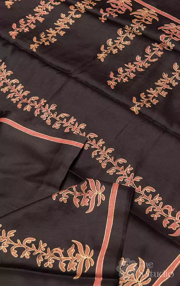 Black embroidered semi tussar saree with prints