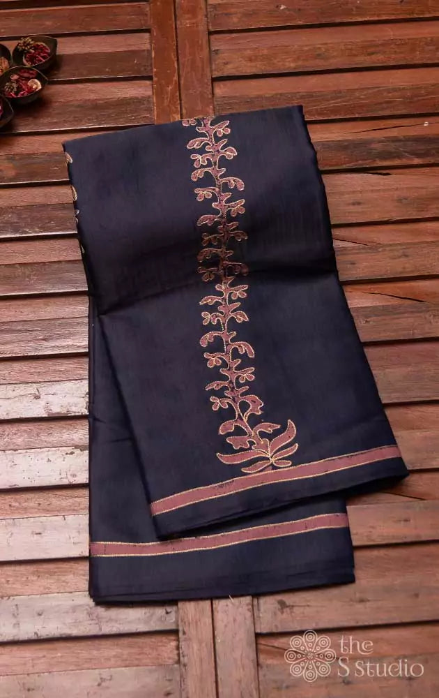 Blue embroidered semi tussar saree with prints