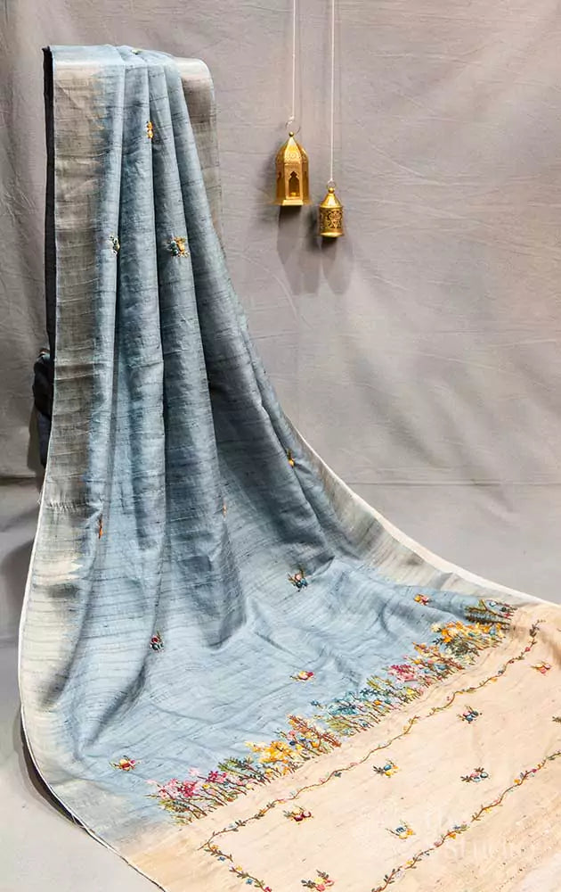Bluish grey tussar saree with hand embroidery