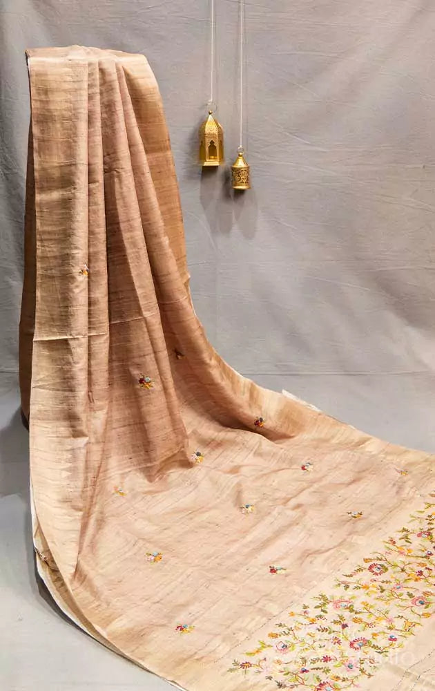 Light brown tussar saree with hand embroidery