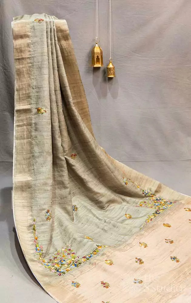 Elachi green tussar saree with hand embroidery