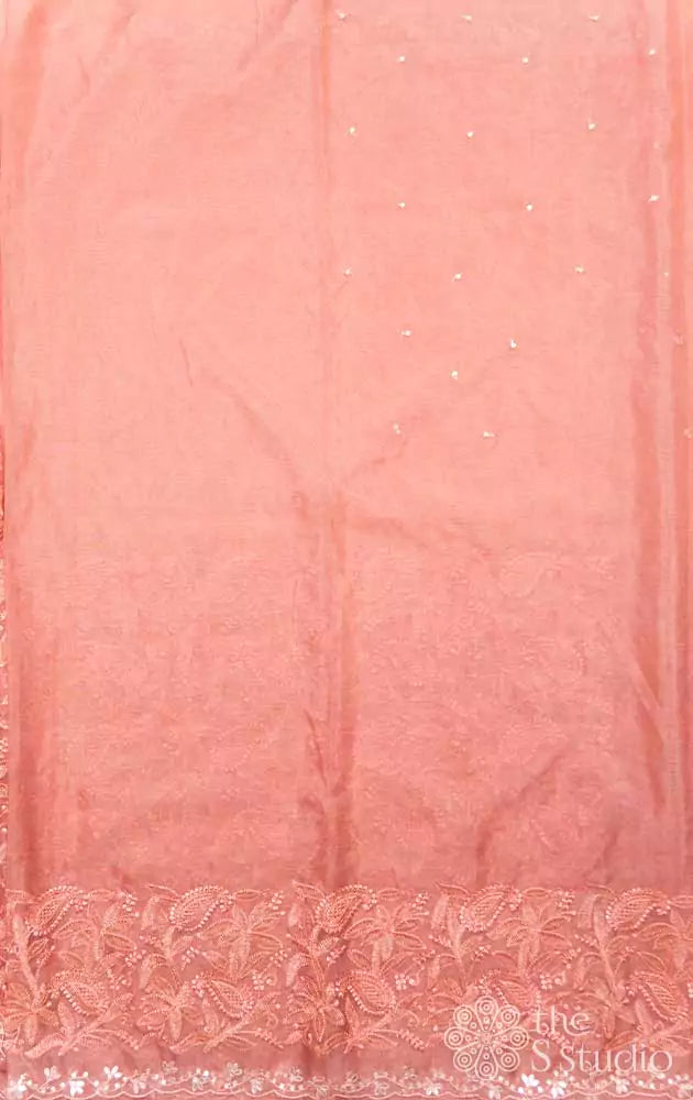 Peach embroidered organza saree with scallop border