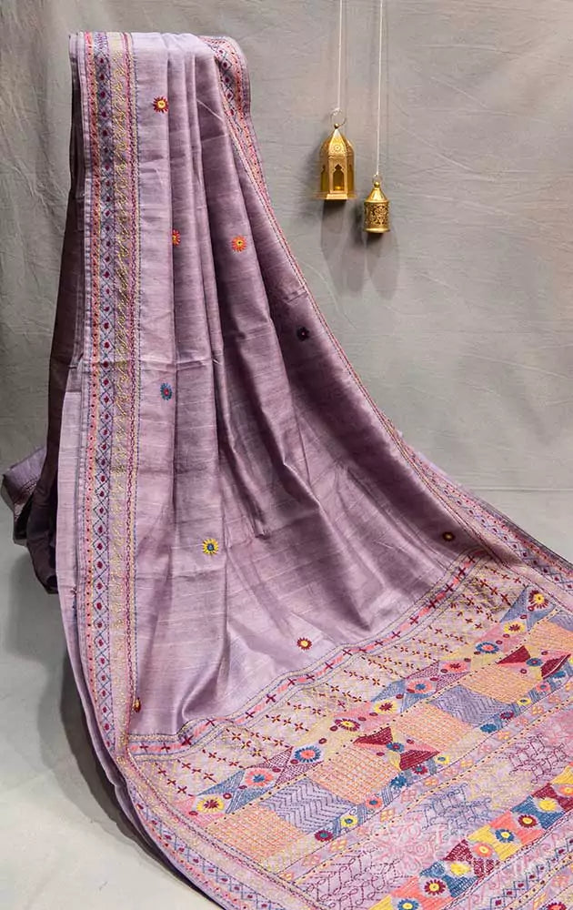 Lavender tussar saree with multi colour hand embroidery