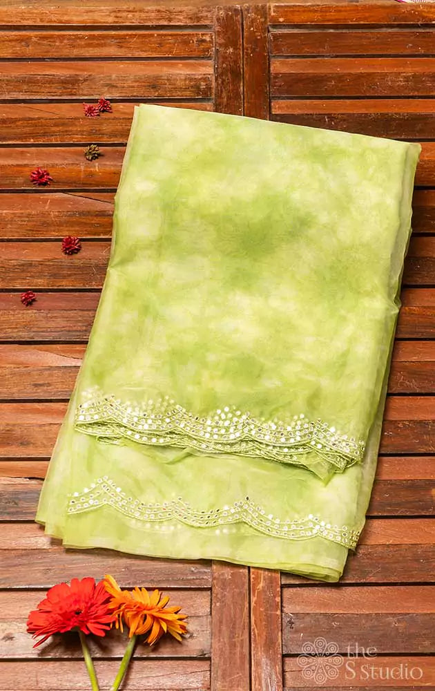 Green lehariya design pure organza saree with embroidery