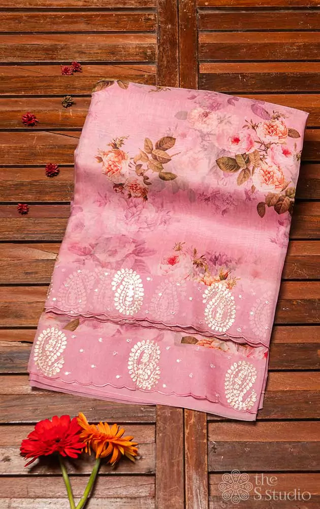 Lotus pink printed  pure organza saree with embroidery