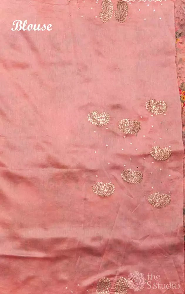 Salmon pink printed  pure organza saree with embroidery