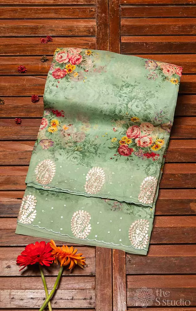 Green printed  pure organza saree with embroidery