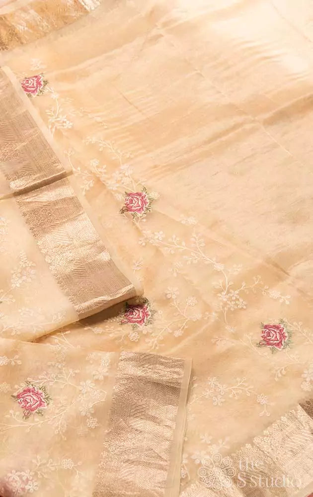 Yellow silk organza saree with delicate gold gota embroidery and contr –  Kora India