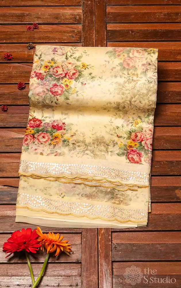 Pale Yellow printed  pure organza saree with embroidery
