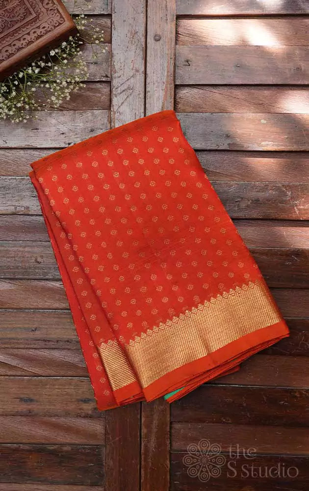 Orange kanchipuram silk saree with small buttas