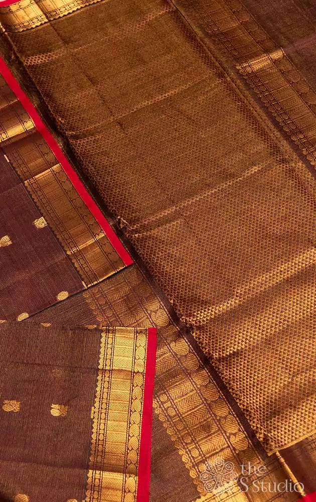 Brown vaira oosi silk cotton saree with rust selvedge