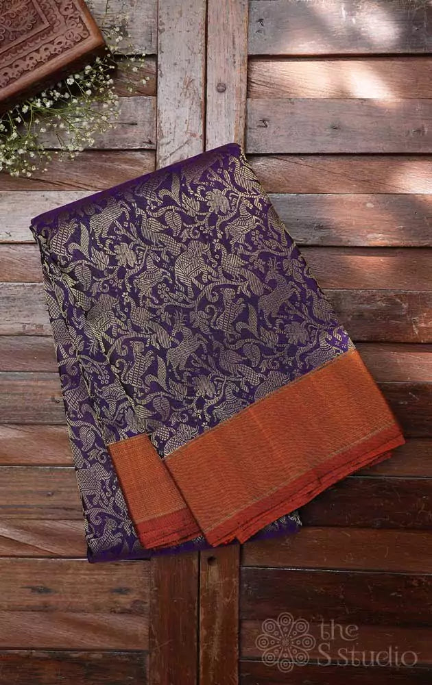 Violet vanasingharam kanchipuram silk saree with rust border