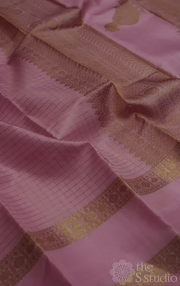 Light Pink kanchi silk saree with checks and  parrot pallu