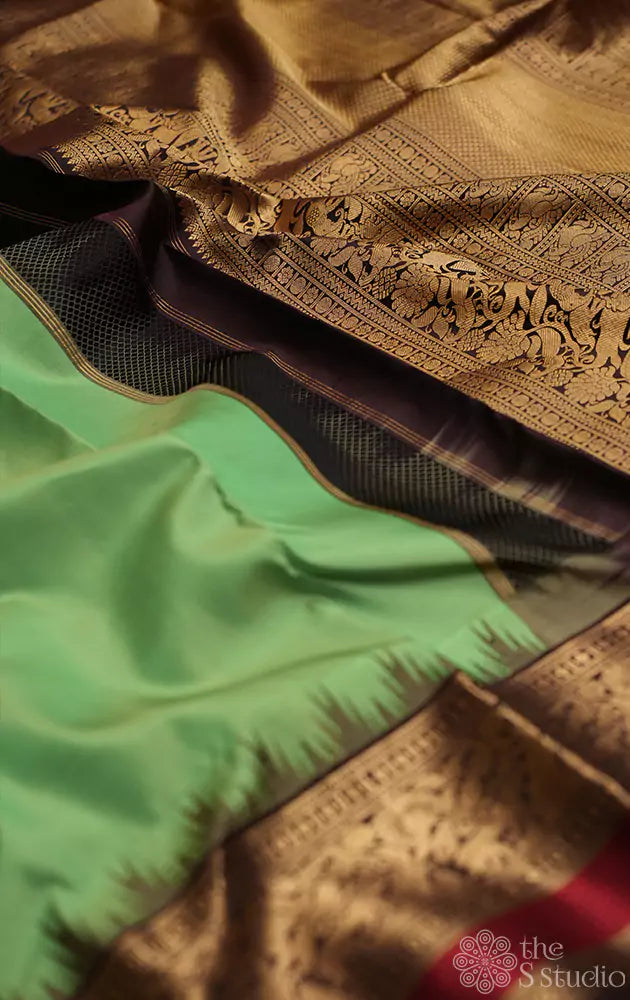 Parrot green kanchi silk saree with korvai brown border