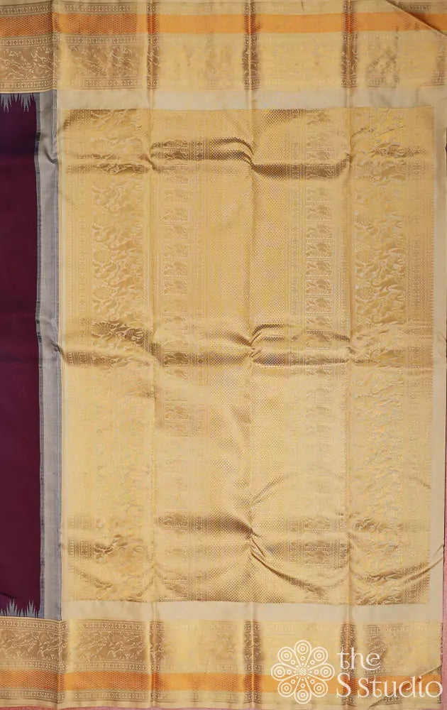 Brown kanchi silk saree with korvai Off white border