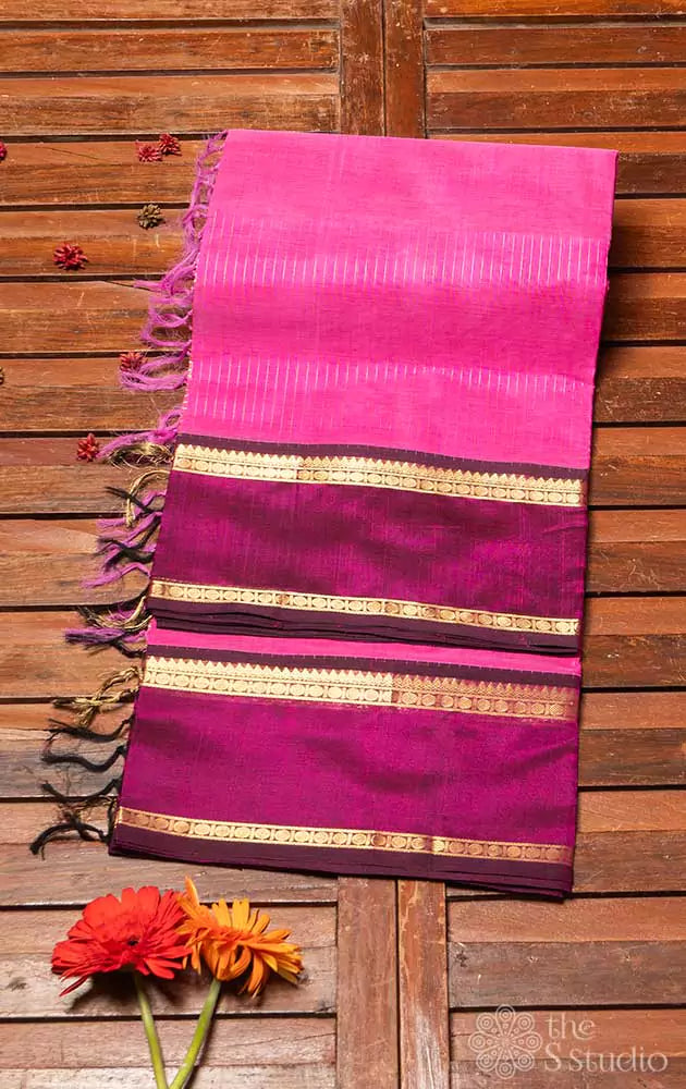 Lotus pink silk cotton saree with vertical zari lines and contrast border
