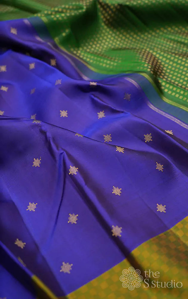 Royal blue kanjivaram saree with green pallu
